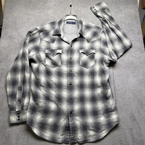 Polo Ralph Lauren Western Pearl Snap Shirt Gray‎ Plaid Men's Large Cowboy - Picture 2 of 9